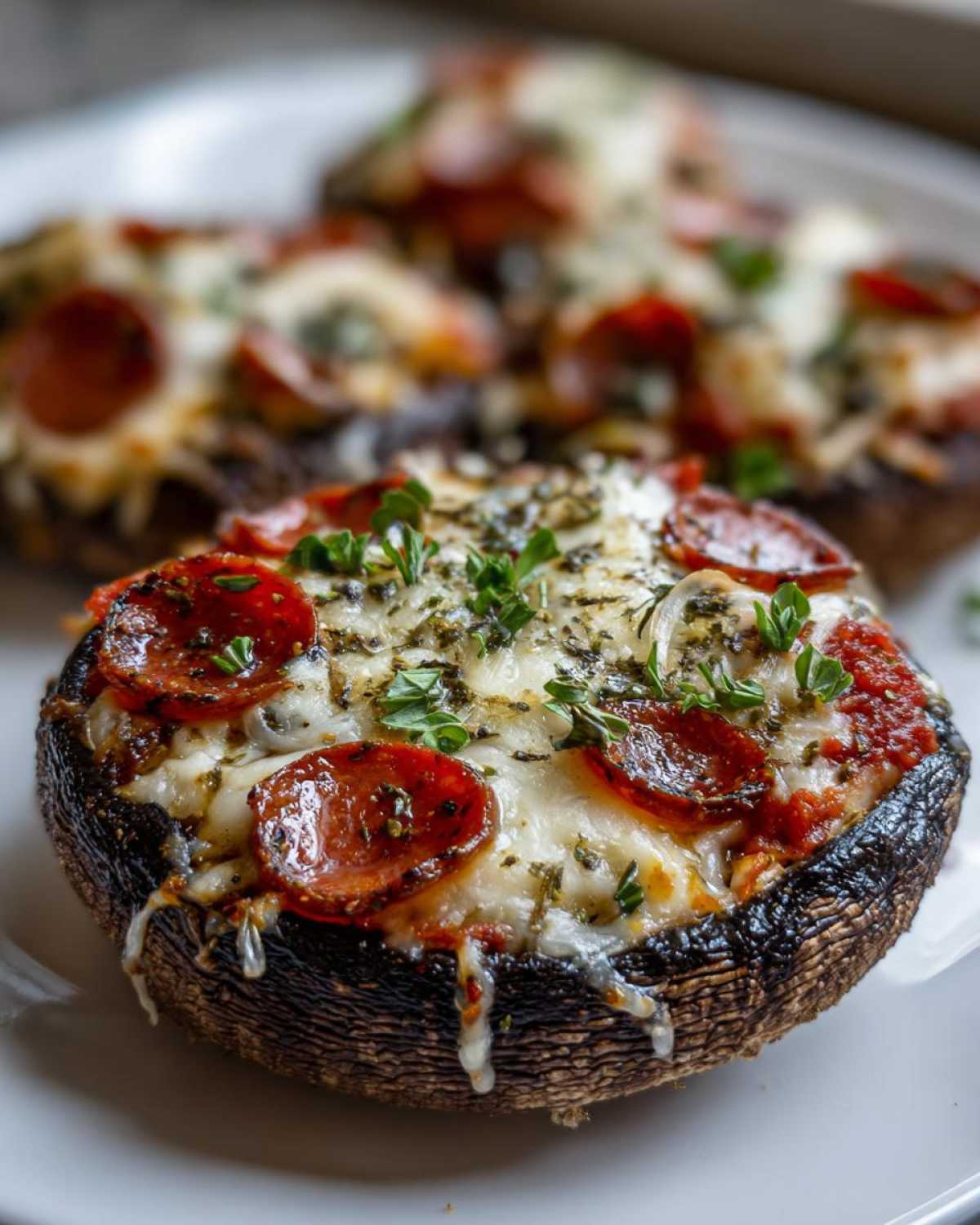 A close-up of a baked Keto Pizza Stuffed Portobello Mushroom topped with melted cheese, pepperoni, and herbs.