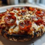 A single, baked Keto Pizza Stuffed Portobello Mushroom topped with melted cheese, pepperoni, and herbs.