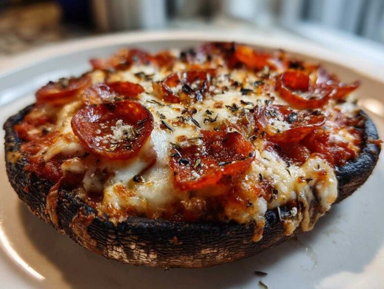 A single, baked Keto Pizza Stuffed Portobello Mushroom topped with melted cheese, pepperoni, and herbs.