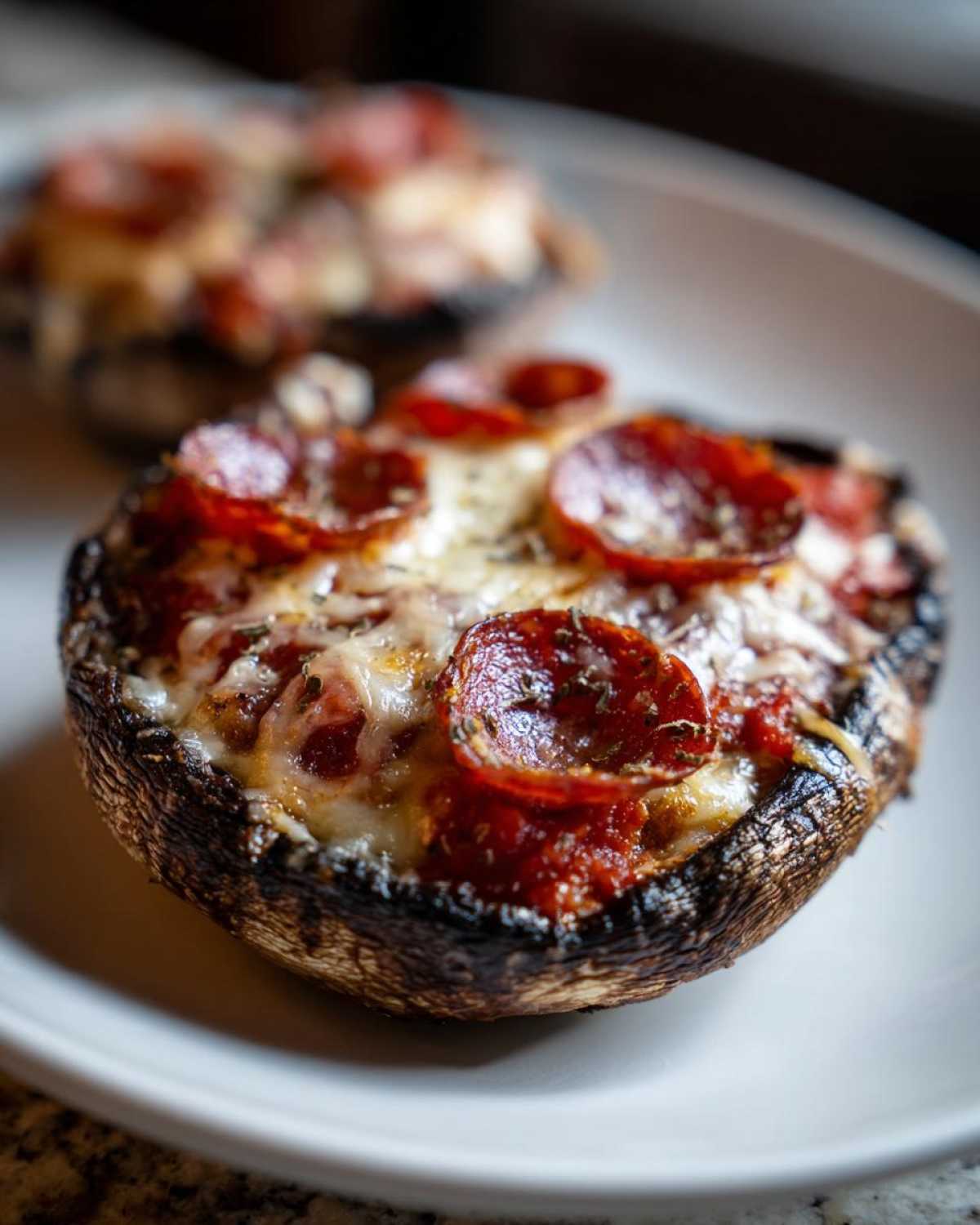 A close-up of a baked Keto Pizza Stuffed Portobello Mushroom topped with melted cheese and pepperoni slices.