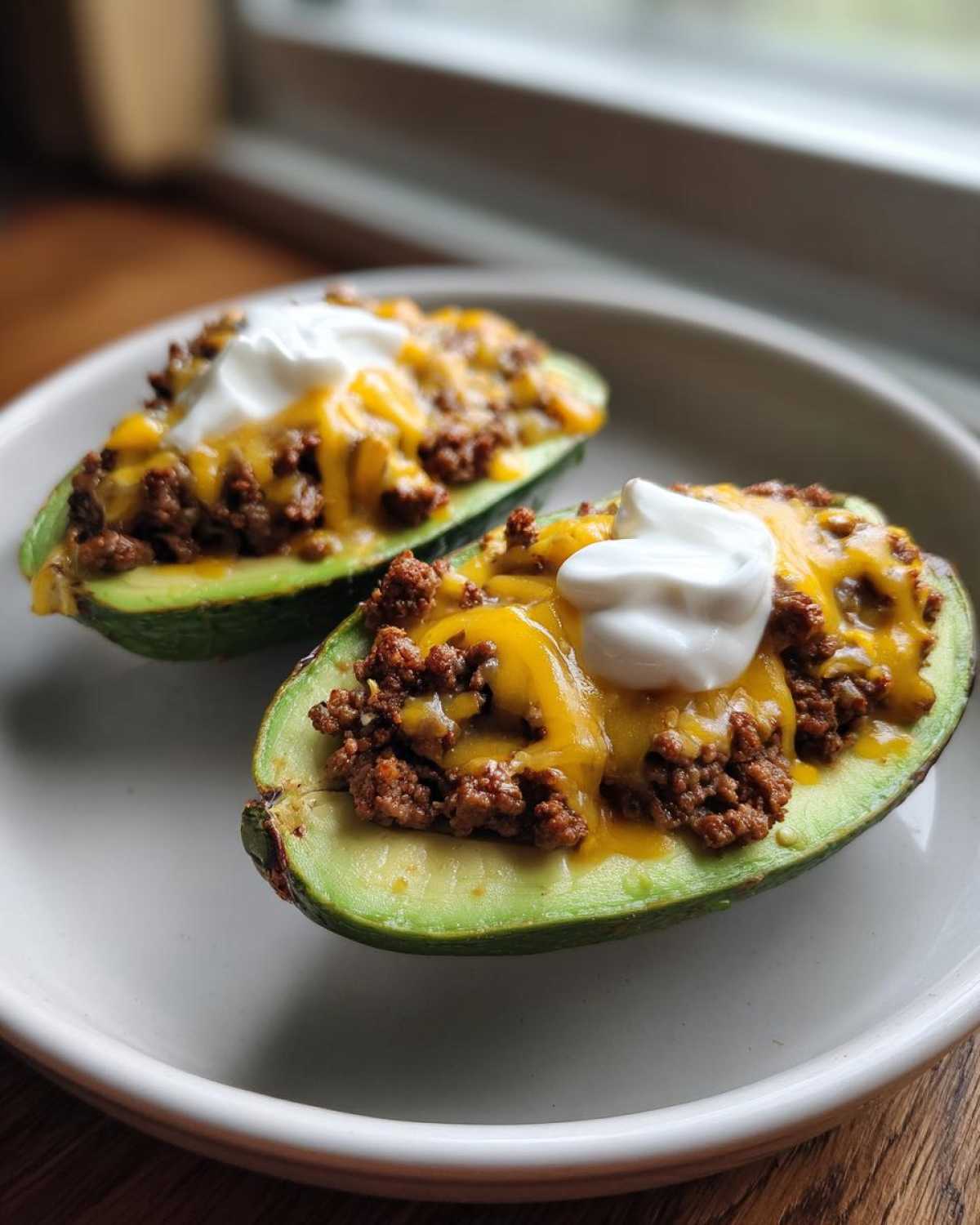 Two halves of Keto Taco Stuffed Avocados filled with seasoned ground beef, melted cheddar cheese, and sour cream.