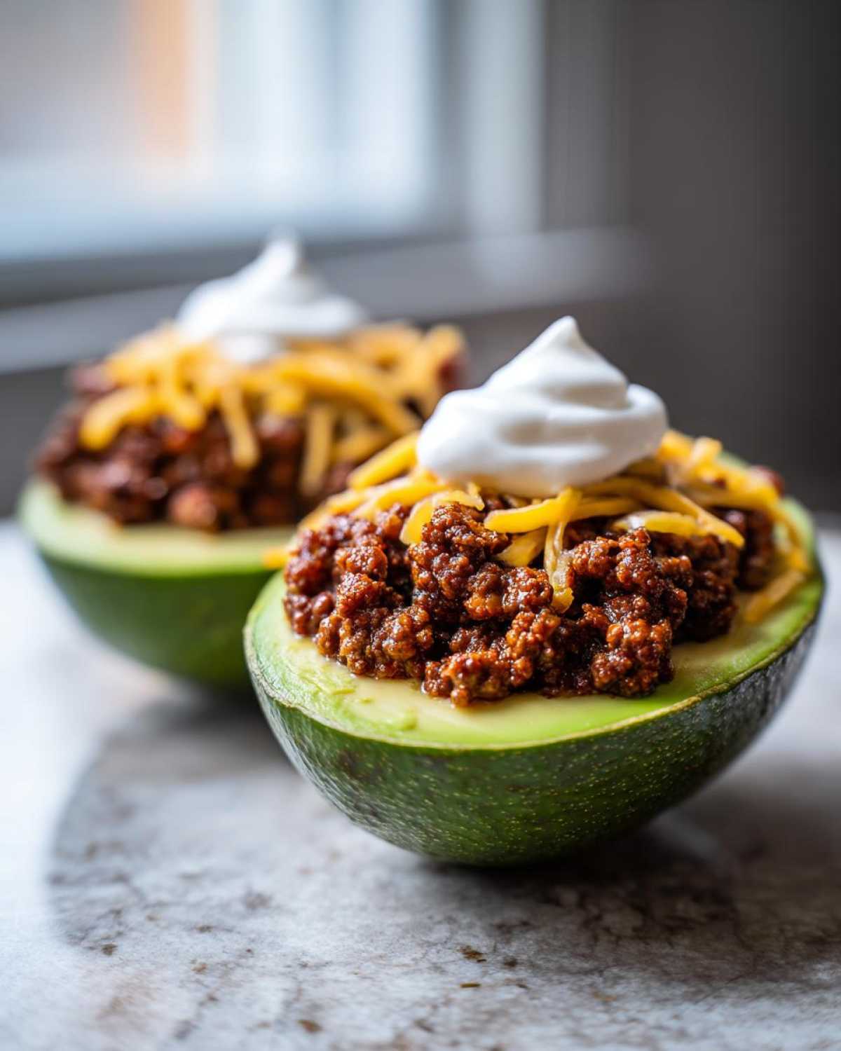 A close-up of Keto Taco Stuffed Avocados filled with seasoned ground beef, shredded cheese, and sour cream.