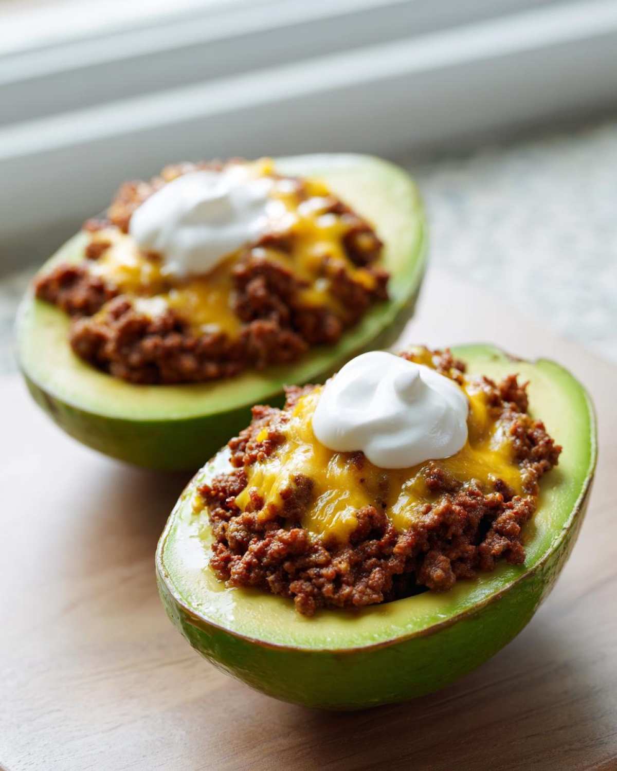 Two halves of Keto Taco Stuffed Avocados filled with seasoned ground meat, melted cheddar cheese, and topped with sour cream.