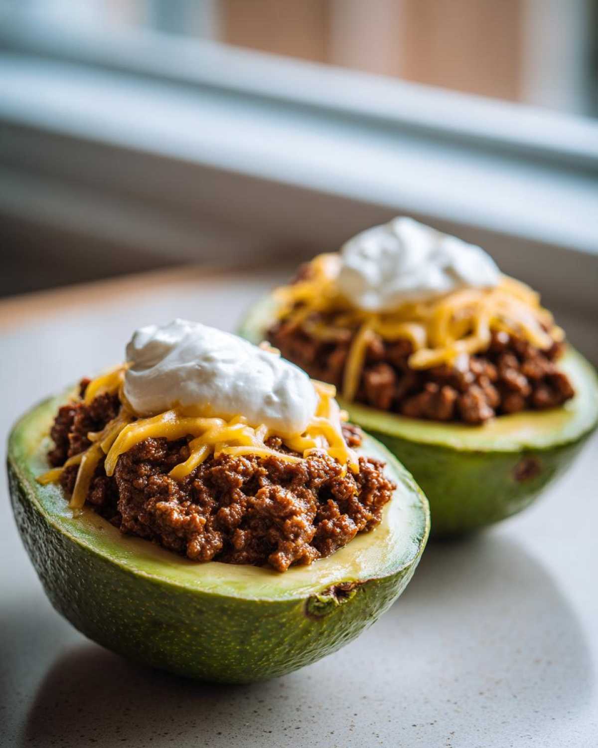 Two halves of Keto Taco Stuffed Avocados filled with seasoned ground beef, topped with shredded cheese and sour cream.