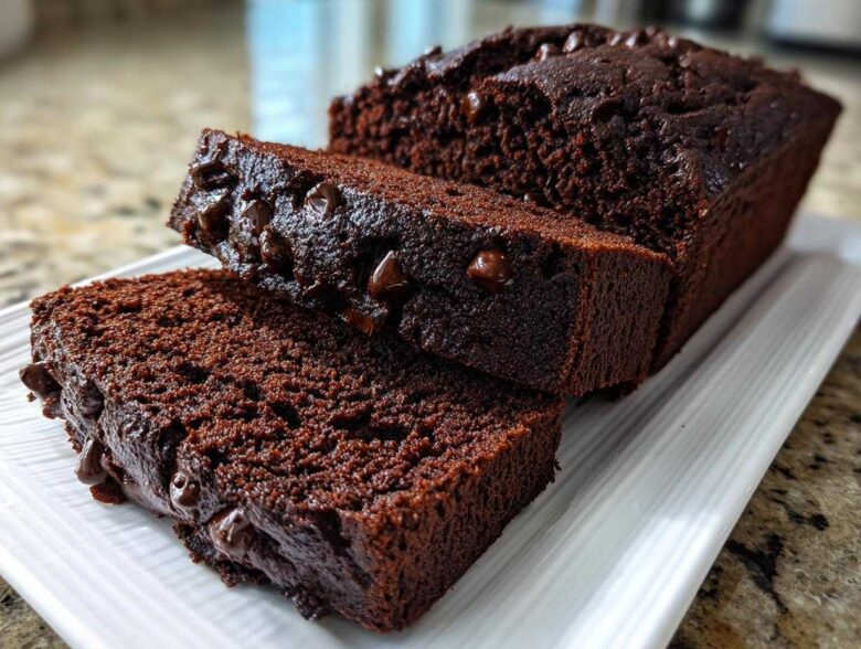Close-up of moist Gluten-Free Chocolate Zucchini Bread, sliced and topped with melted chocolate chips.