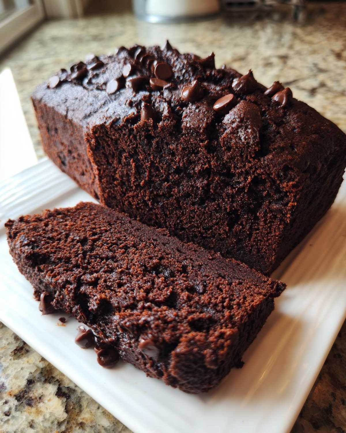 A moist loaf of Gluten-Free Chocolate Zucchini Bread, sliced to show the rich texture, topped with chocolate chips.