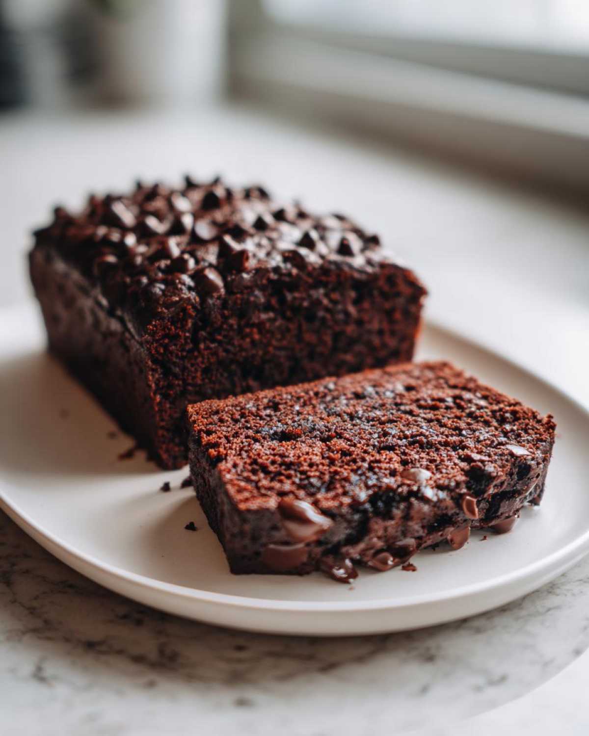 A slice of moist Gluten-Free Chocolate Zucchini Bread topped with chocolate chips on a white plate.