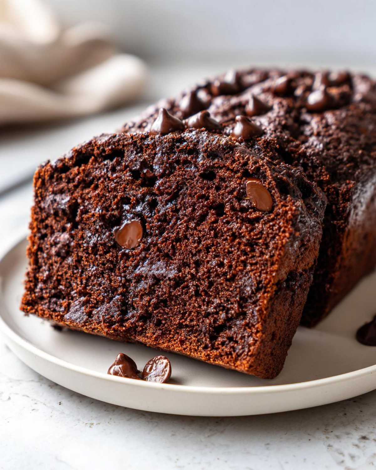 Close-up of a moist slice of rich, dark Gluten-Free Chocolate Zucchini Bread topped with chocolate chips.
