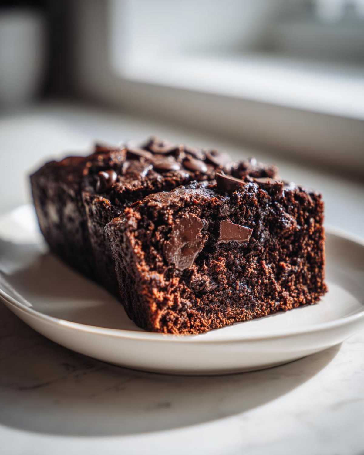 Close-up of a moist slice of Gluten-Free Chocolate Zucchini Bread topped with melted chocolate chips.