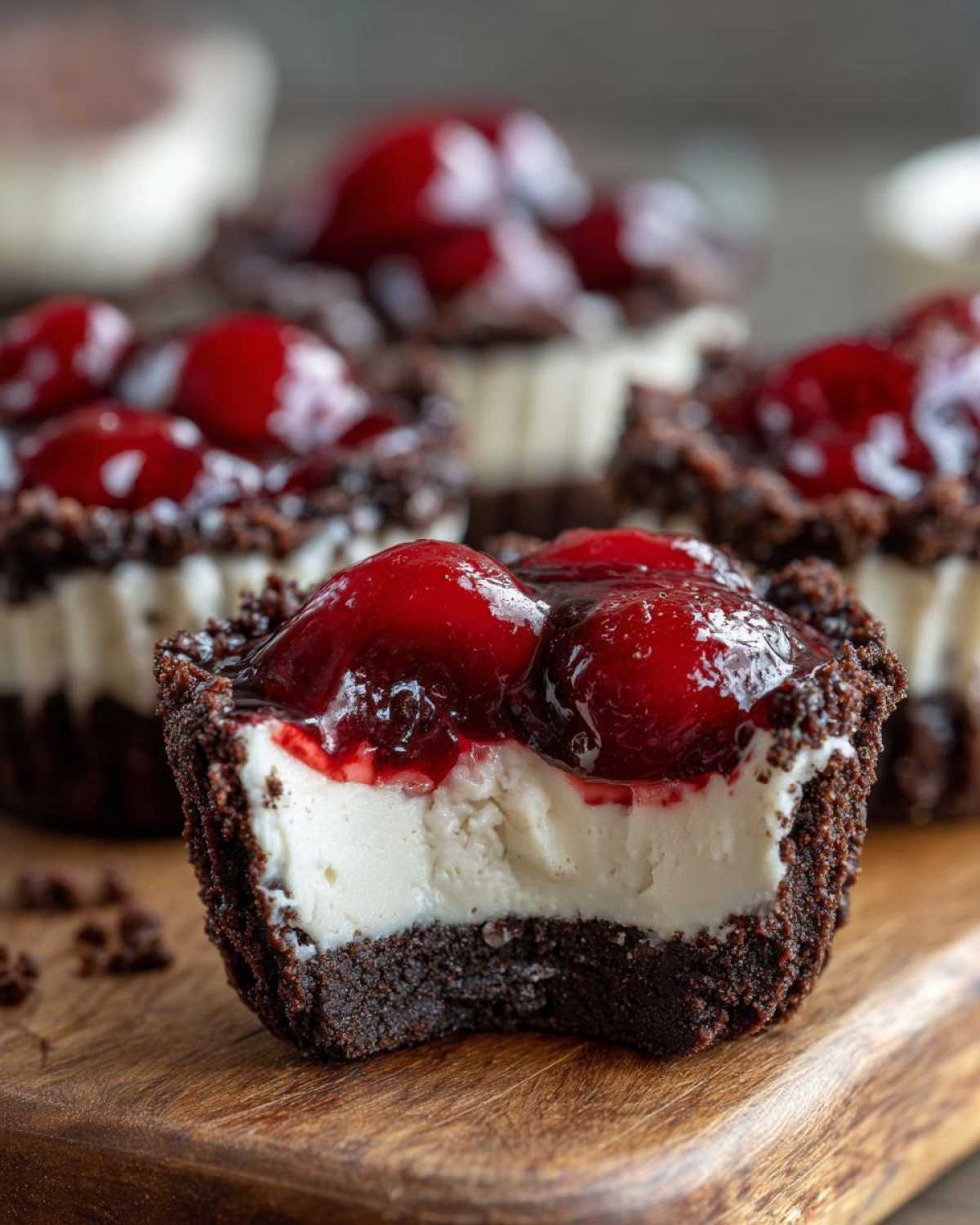 Close-up of a No-Bake Chocolate Cherry Cheesecake Cup with a bite taken out, showing creamy filling and cherry topping.