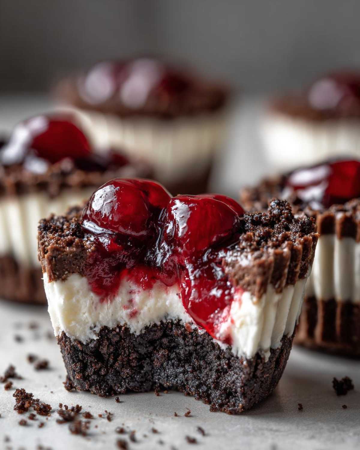 Close-up of a No-Bake Chocolate Cherry Cheesecake Cup with a bite taken out, showing layers.