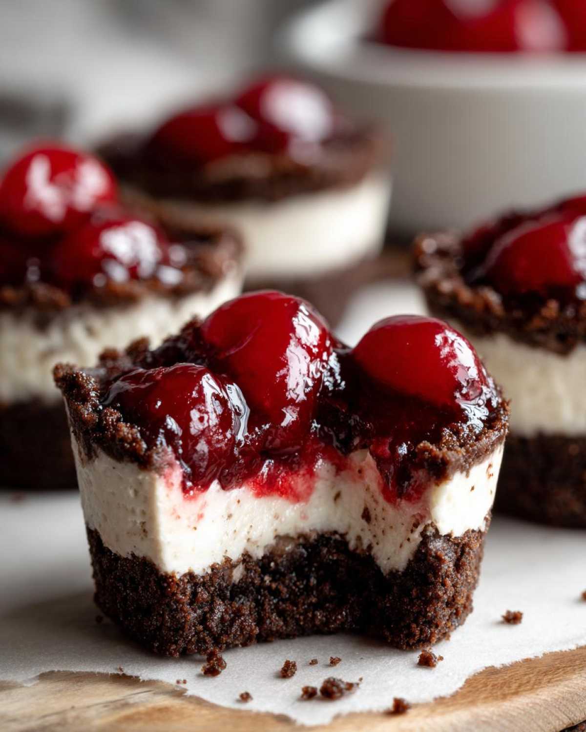 Close-up of a No-Bake Chocolate Cherry Cheesecake Cup with a bite taken out, showing layers.