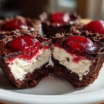 A No-Bake Chocolate Cherry Cheesecake Cup cut in half showing the chocolate crust, white filling, and cherry topping.