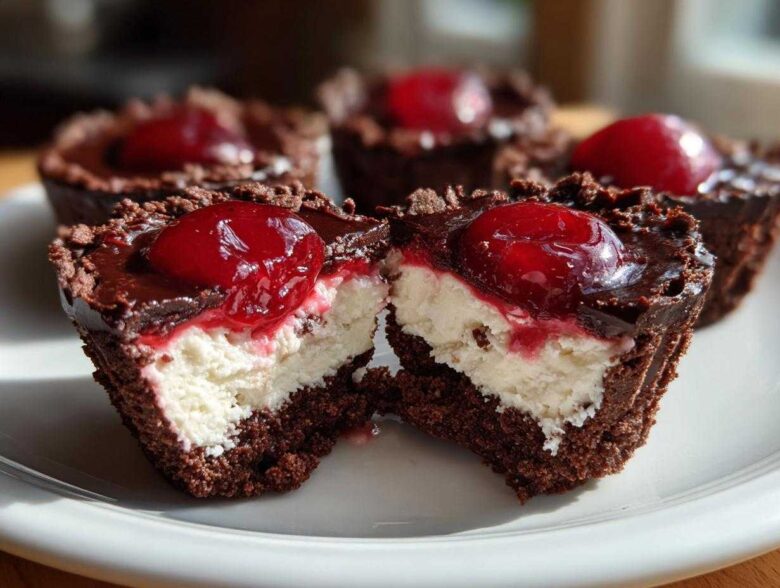 A No-Bake Chocolate Cherry Cheesecake Cup cut in half showing the chocolate crust, white filling, and cherry topping.