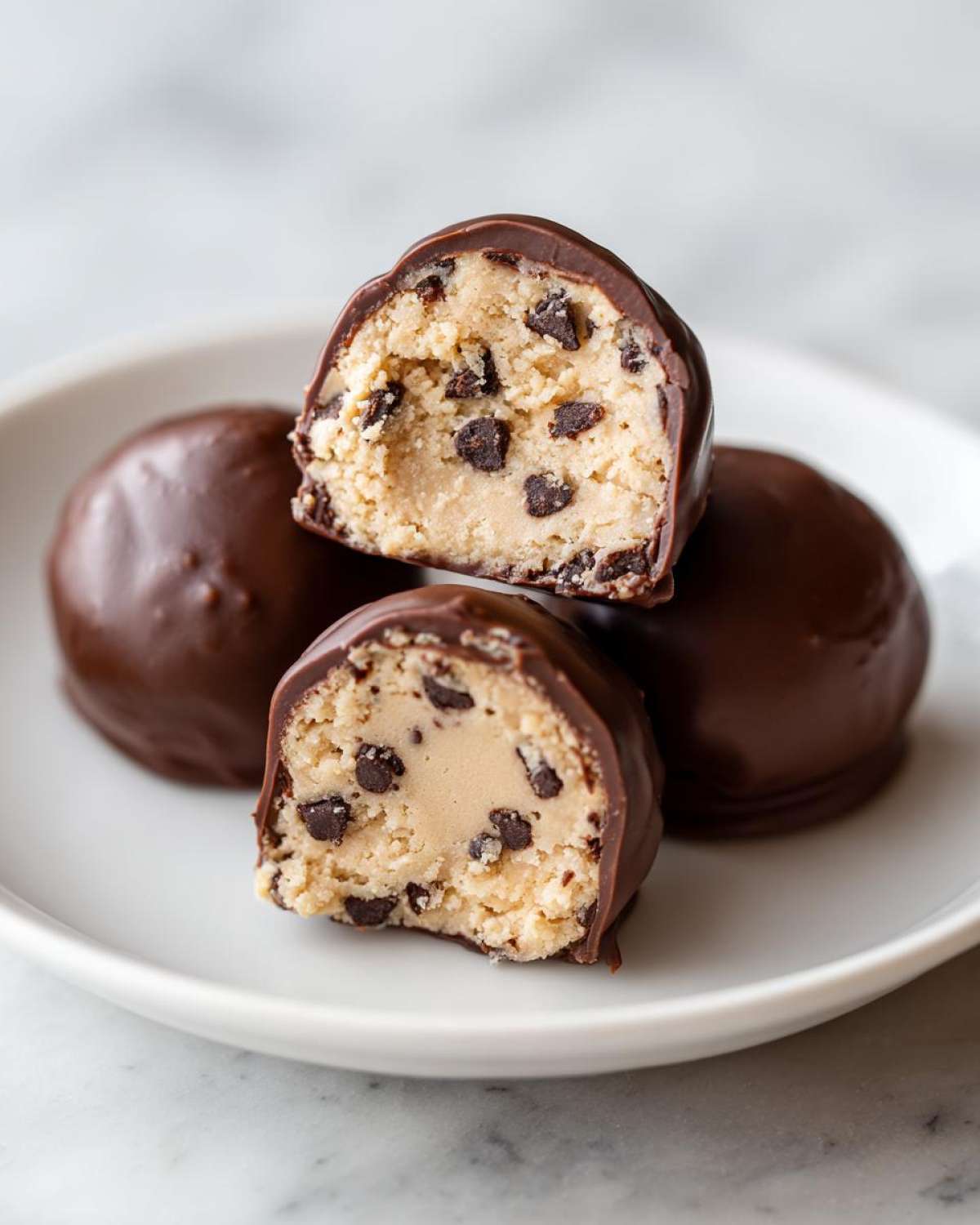 A close-up showing two halves of a chocolate-dipped No-Bake Chocolate Chip Cookie Dough Truffles, revealing the dough interior.