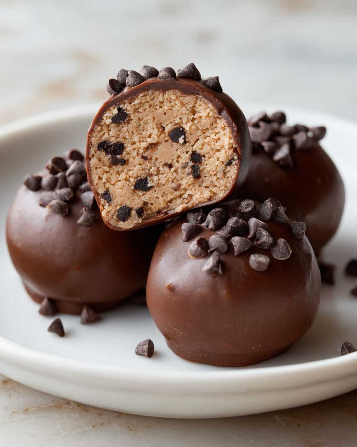Close-up of chocolate-dipped No-Bake Chocolate Chip Cookie Dough Truffles, one cut open showing the dough interior.