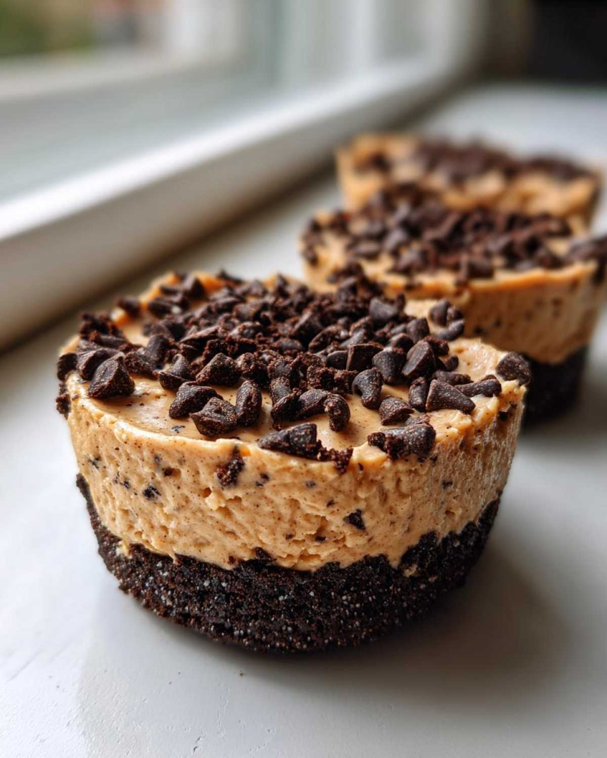 Close-up of a No-Bake Chocolate Peanut Butter Cheesecake Cup with a dark crust and peanut butter filling topped with chocolate chips.
