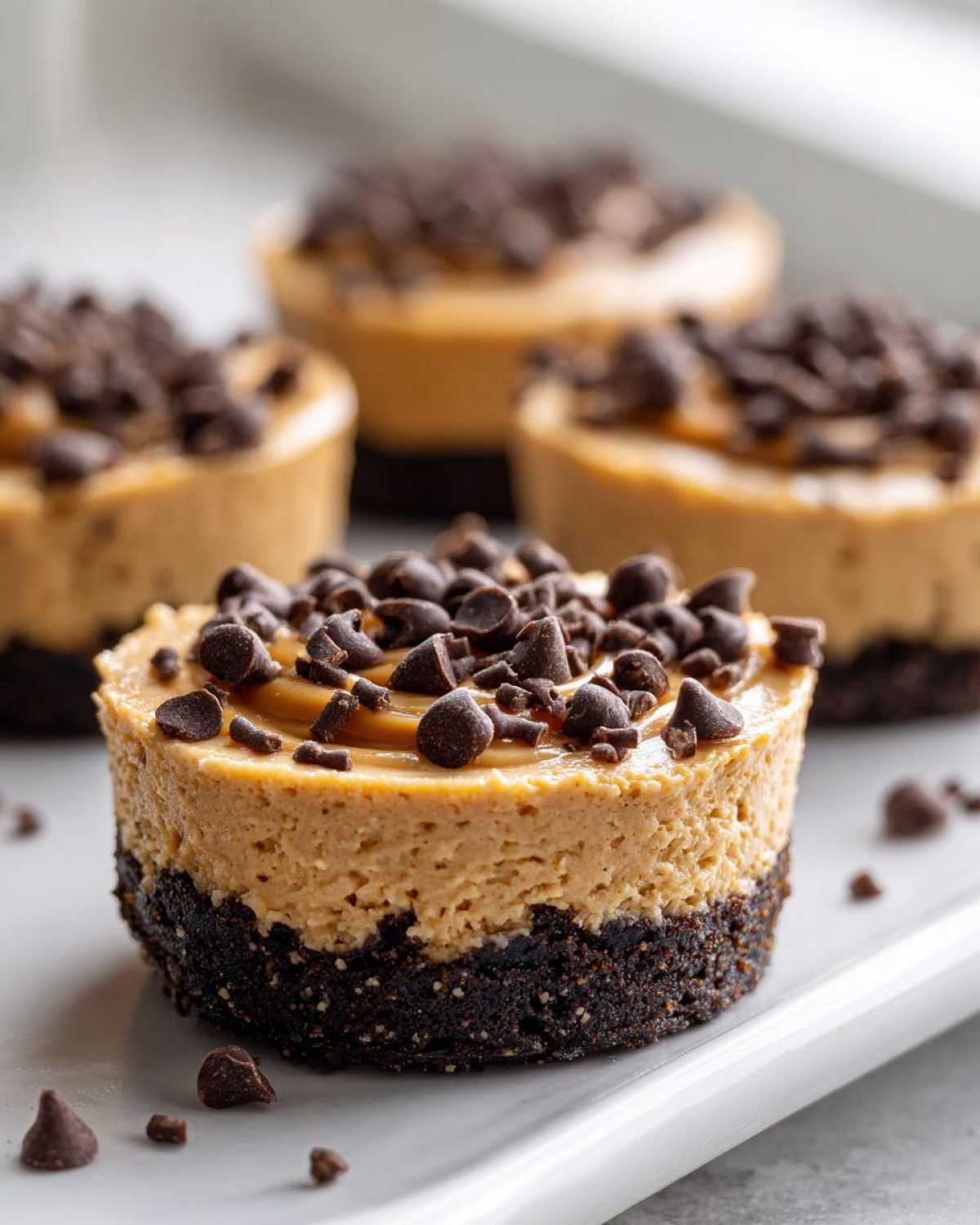 A close-up of one of the No-Bake Chocolate Peanut Butter Cheesecake Cups topped with mini chocolate chips.
