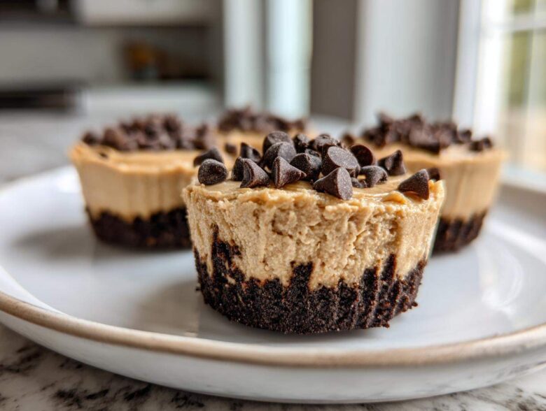 A close-up view of a No-Bake Chocolate Peanut Butter Cheesecake Cup with a dark crust and peanut butter filling topped with chocolate chips.