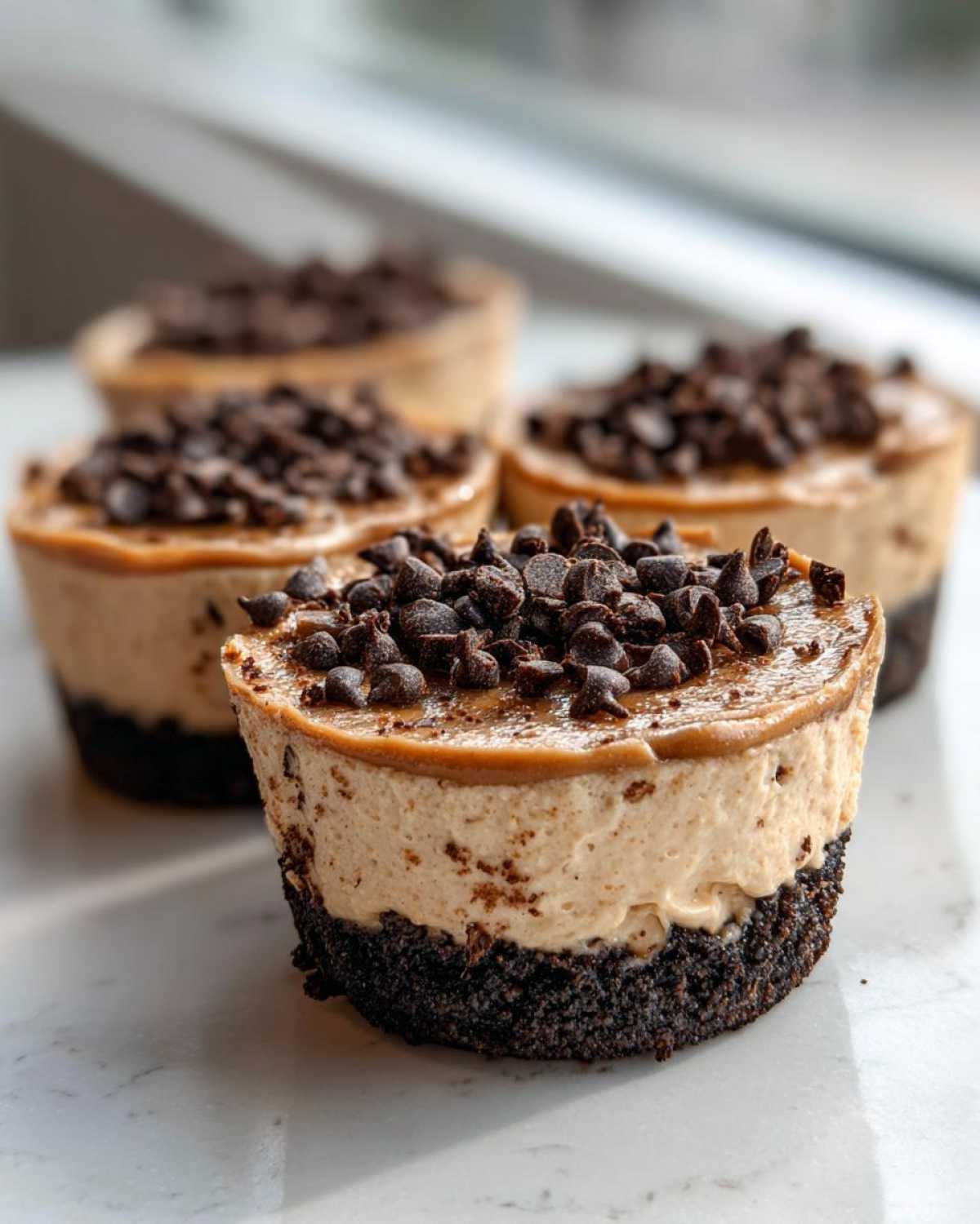 A close-up of one of the No-Bake Chocolate Peanut Butter Cheesecake Cups topped with mini chocolate chips.