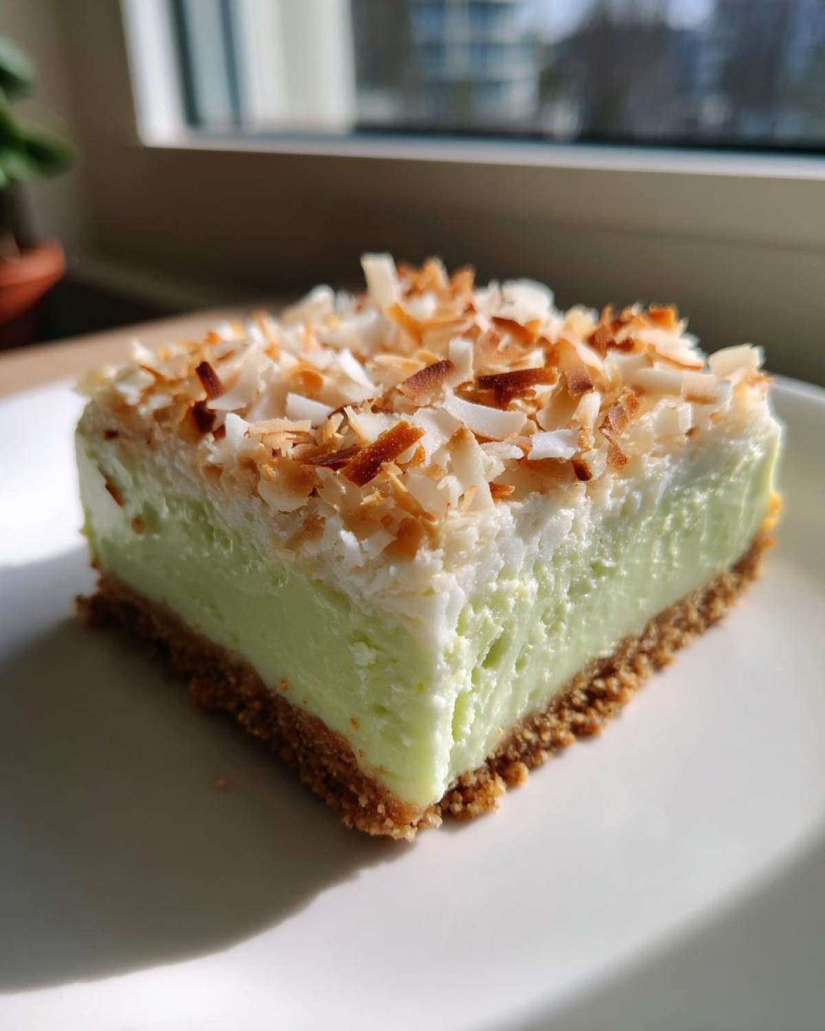 A square slice of No-Bake Coconut Lime Bars showing a graham cracker crust, bright green filling, and toasted coconut topping.