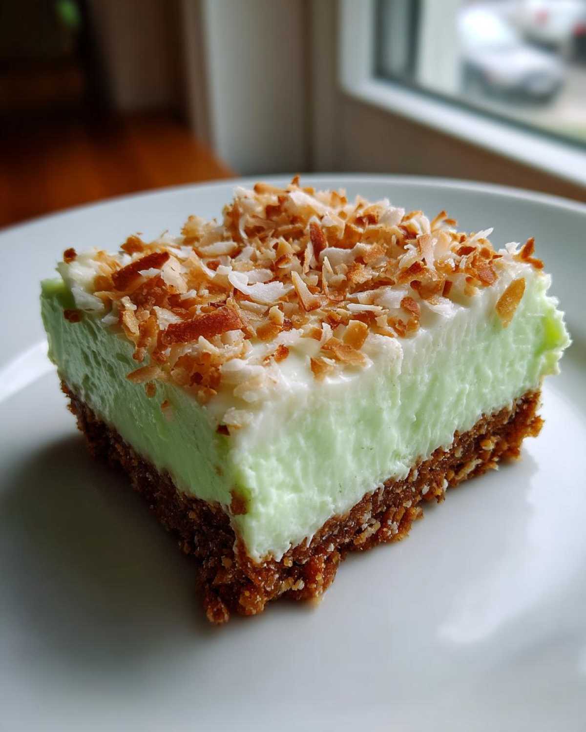 A close-up of one square slice of No-Bake Coconut Lime Bars with a graham cracker crust and toasted coconut.