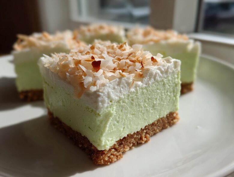Close-up of a square No-Bake Coconut Lime Bars slice showing graham cracker crust, lime filling, and toasted coconut.