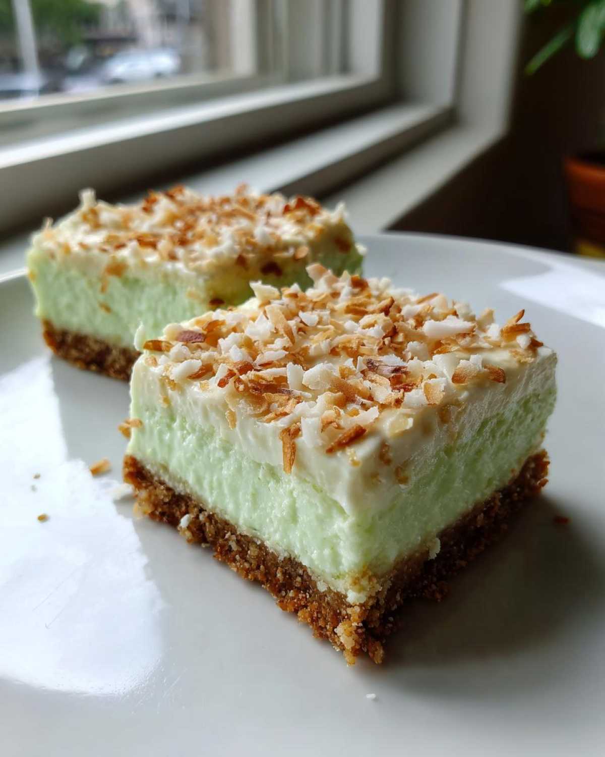 Two squares of No-Bake Coconut Lime Bars with a graham cracker crust, light green filling, and toasted coconut topping.