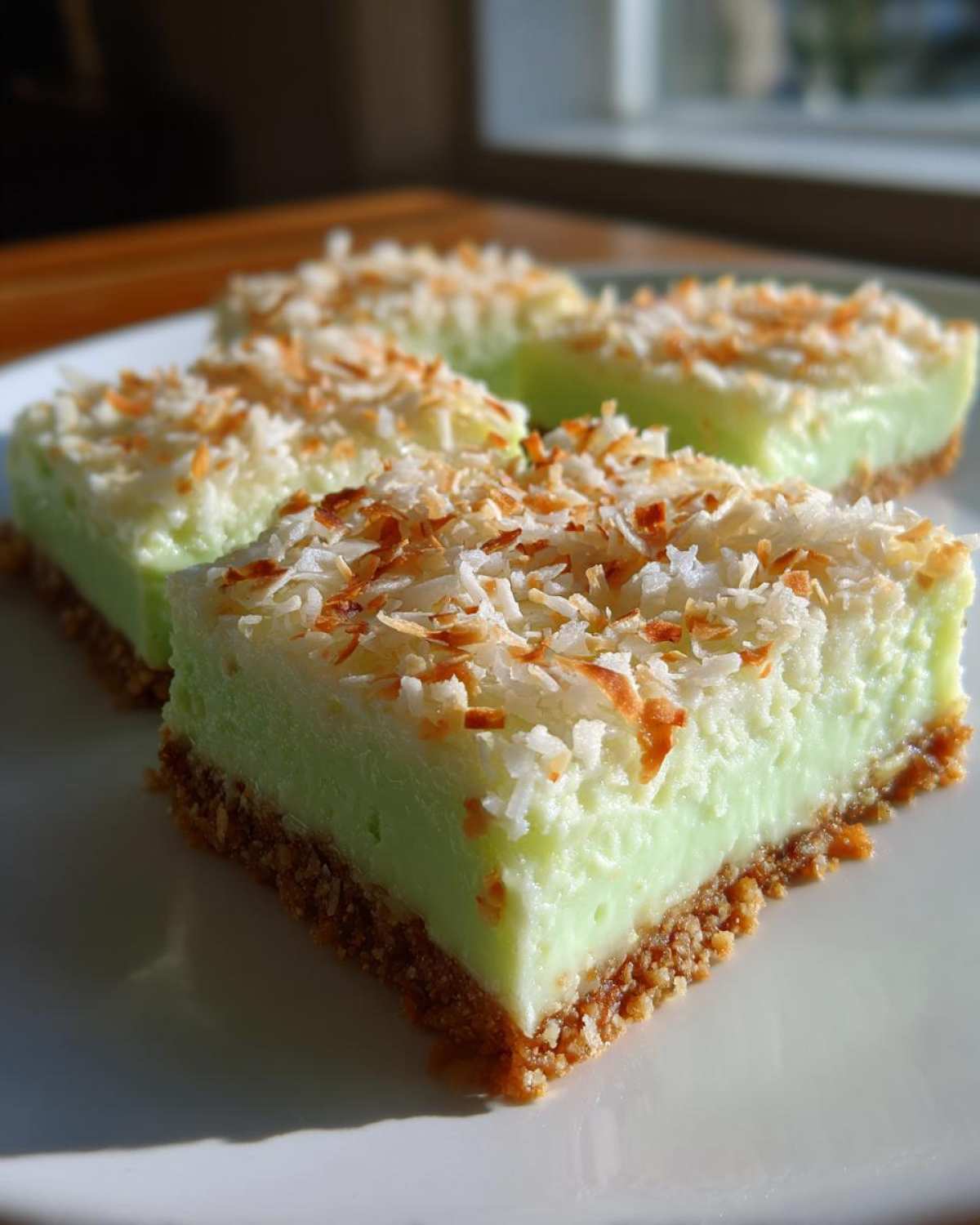 Close-up of a square No-Bake Coconut Lime Bars slice showing the graham cracker crust and bright green filling topped with toasted coconut.