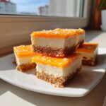 Four stacked squares of No-Bake Orange Creamsicle Cheesecake Bars with graham cracker crust, creamy filling, and orange topping.