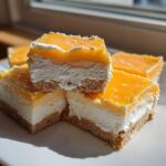 Four stacked squares of No-Bake Orange Creamsicle Cheesecake Bars showing graham cracker crust, white filling, and orange topping.