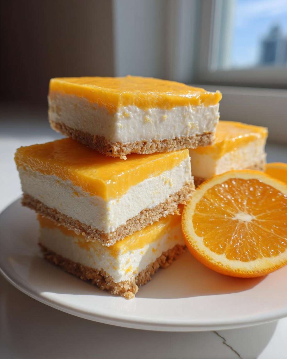 Stack of three No-Bake Orange Creamsicle Cheesecake Bars next to a fresh orange slice.