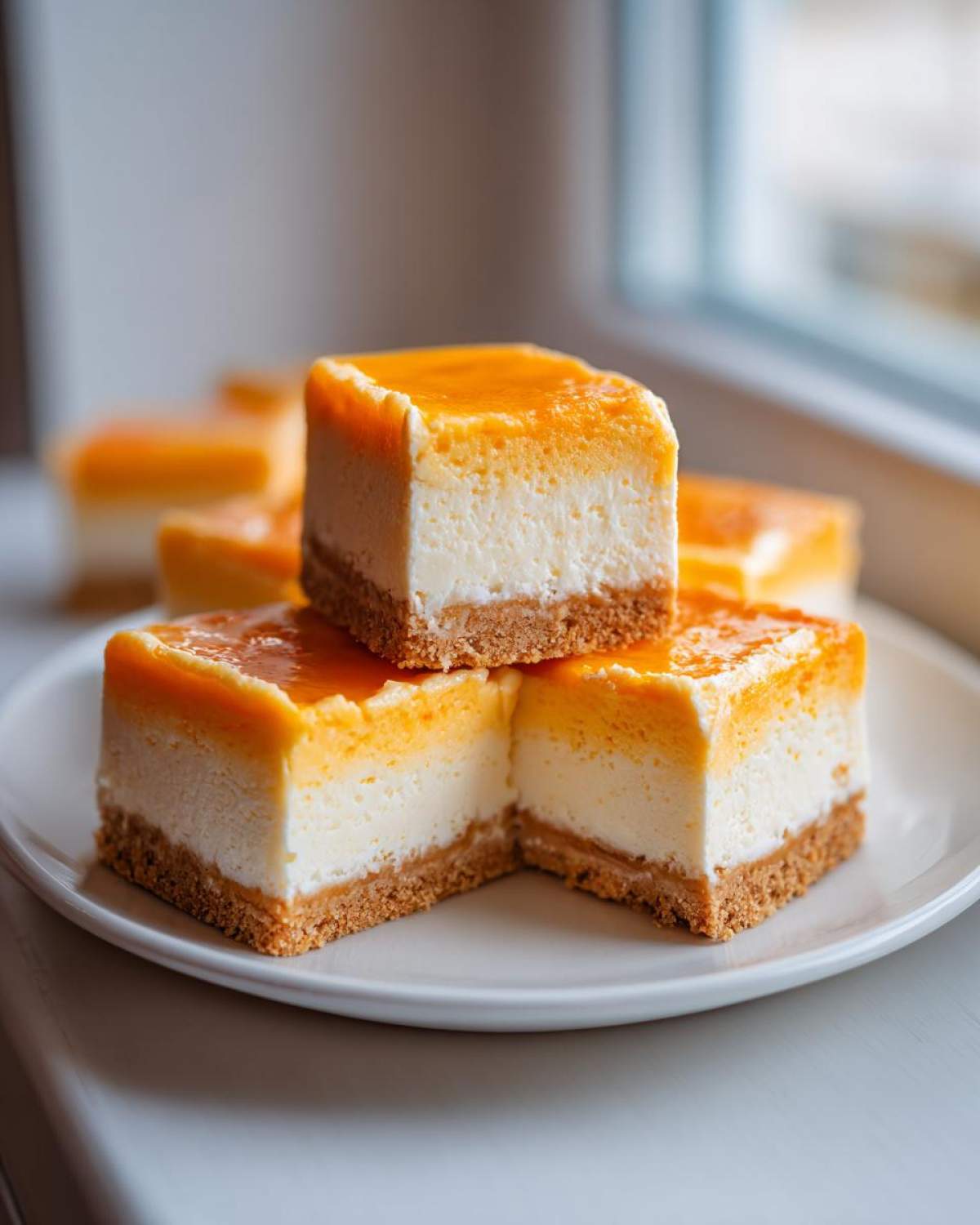 Close-up of stacked squares of No-Bake Orange Creamsicle Cheesecake Bars on a white plate.