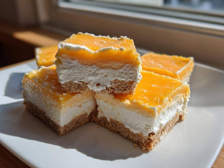 Four stacked squares of No-Bake Orange Creamsicle Cheesecake Bars showing graham cracker crust, white filling, and orange topping.
