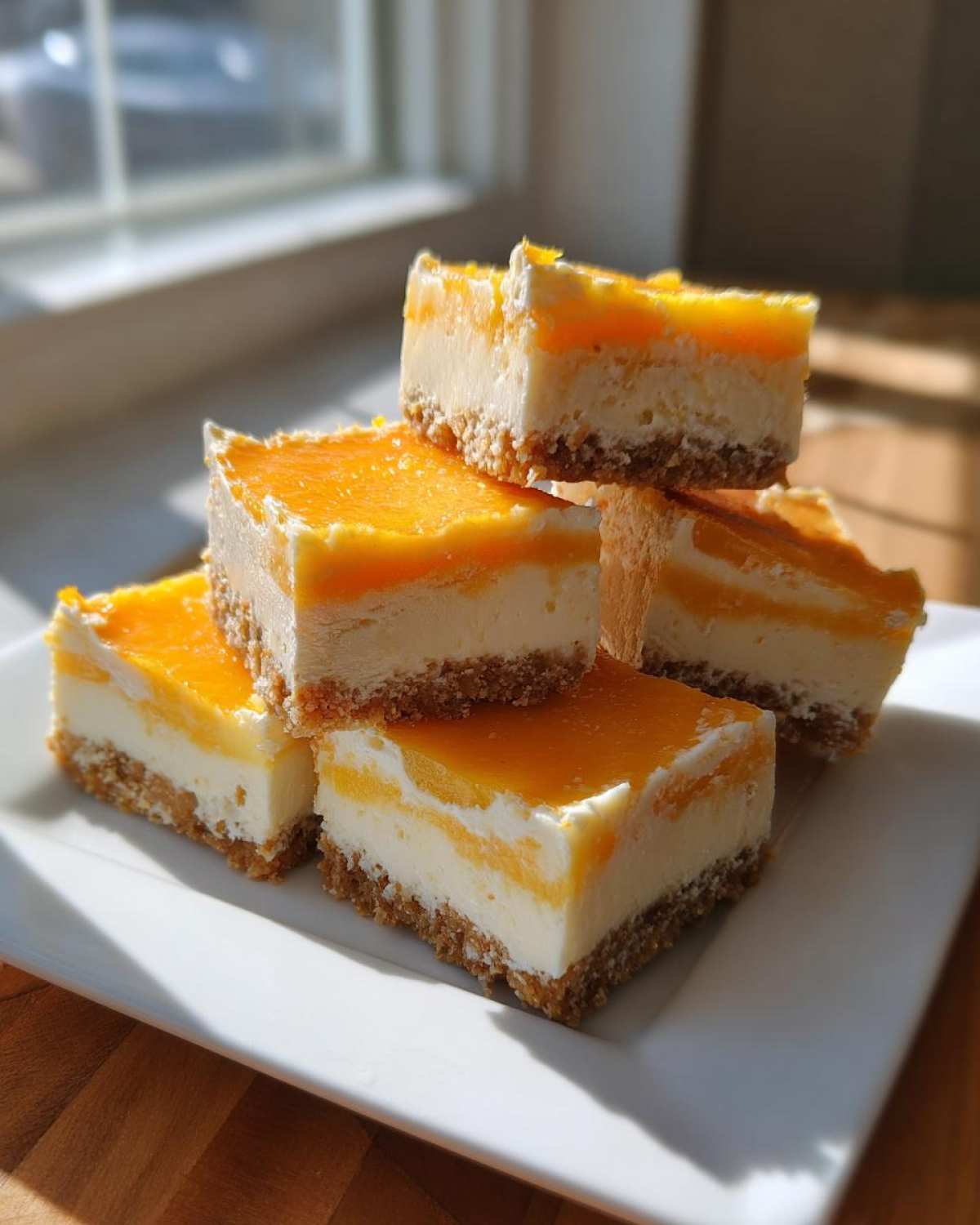 Five stacked squares of No-Bake Orange Creamsicle Cheesecake Bars with a graham cracker crust and bright orange topping.