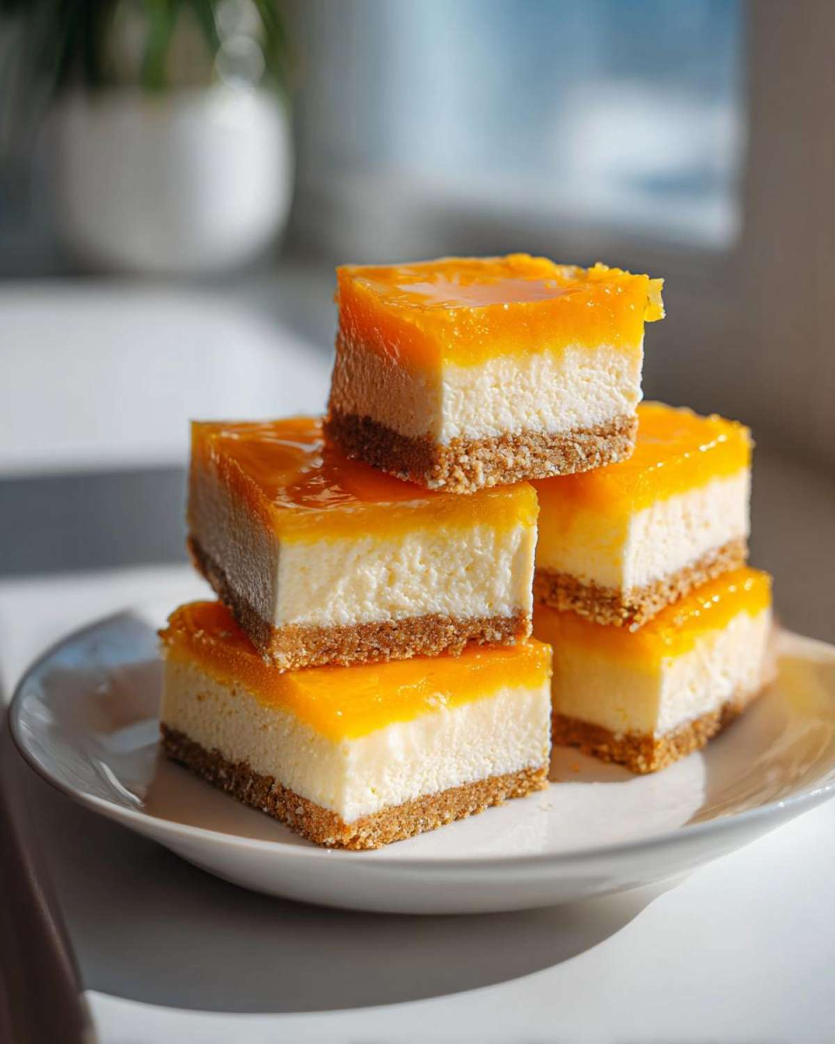 A stack of four No-Bake Orange Creamsicle Cheesecake Bars with a graham cracker crust and bright orange topping.