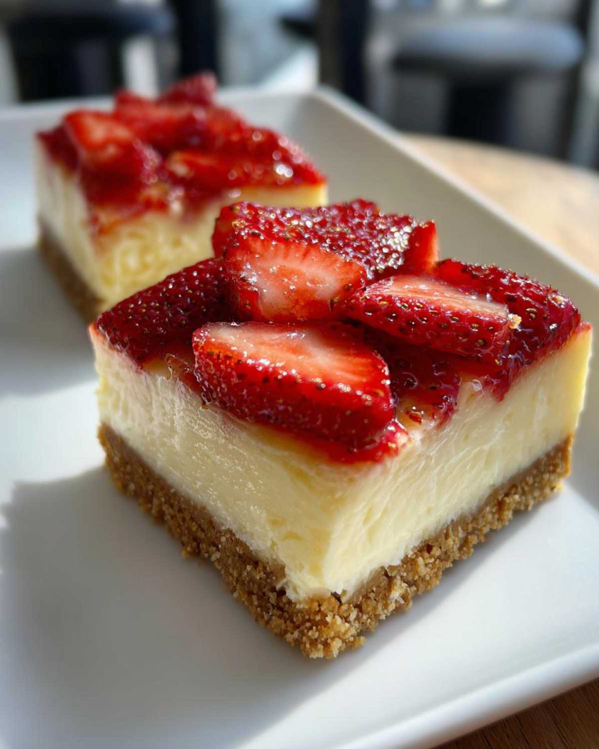 Two slices of No-Bake Strawberry Lemon Cheesecake Bars with graham cracker crust and fresh strawberry topping.