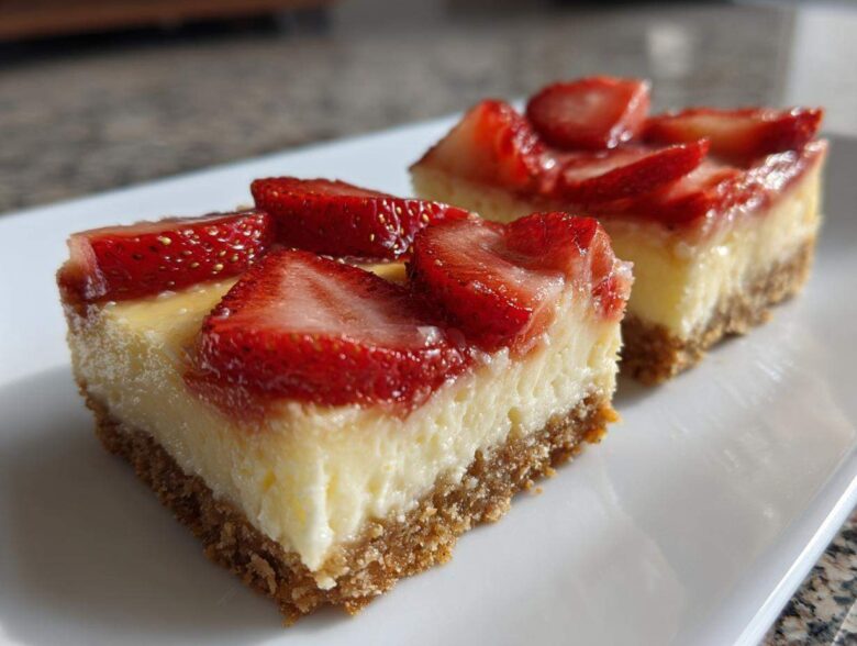 Two squares of No-Bake Strawberry Lemon Cheesecake Bars with thick graham cracker crust and fresh strawberry topping.