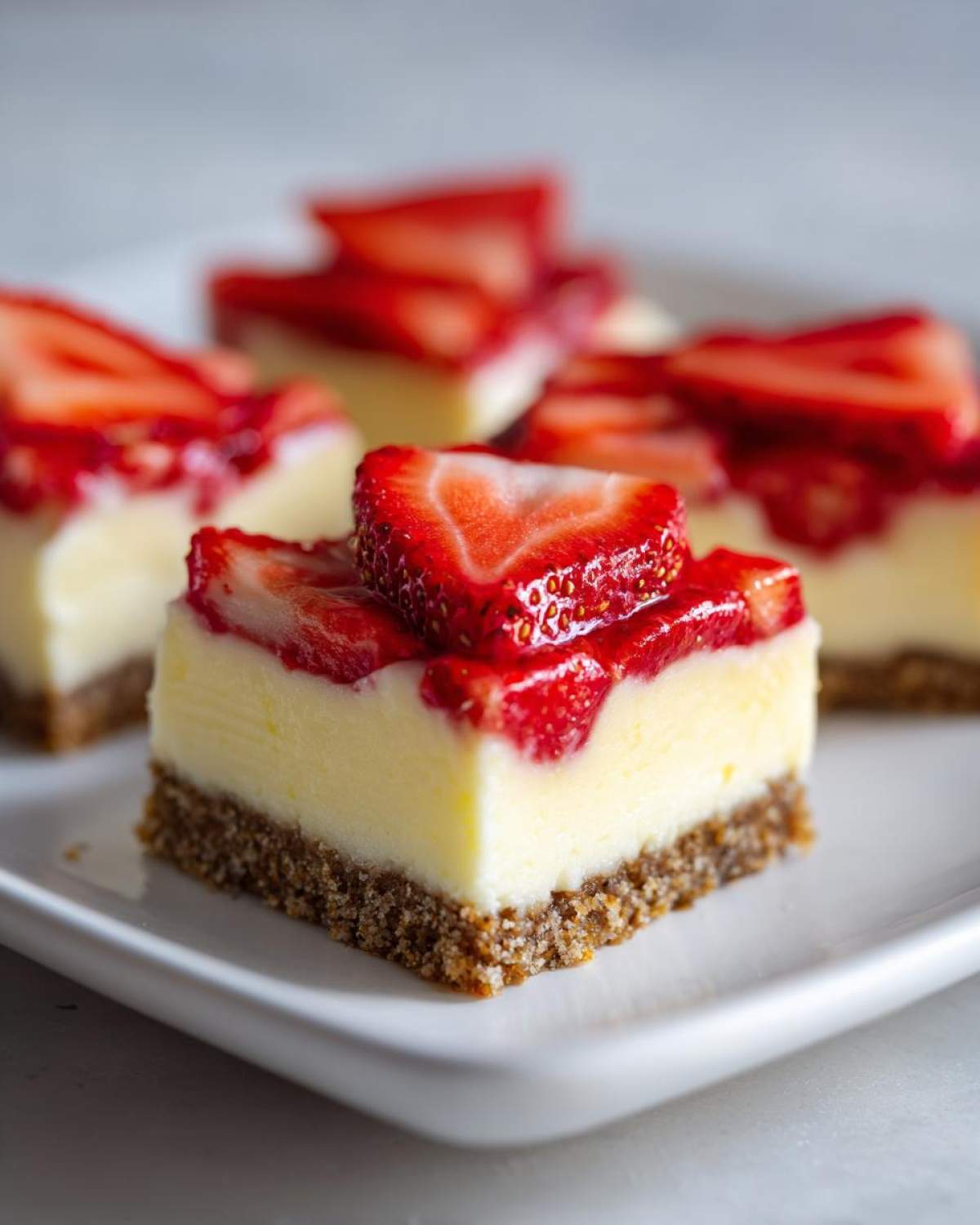 A close-up of a square No-Bake Strawberry Lemon Cheesecake Bar with a graham cracker crust and fresh strawberry topping.