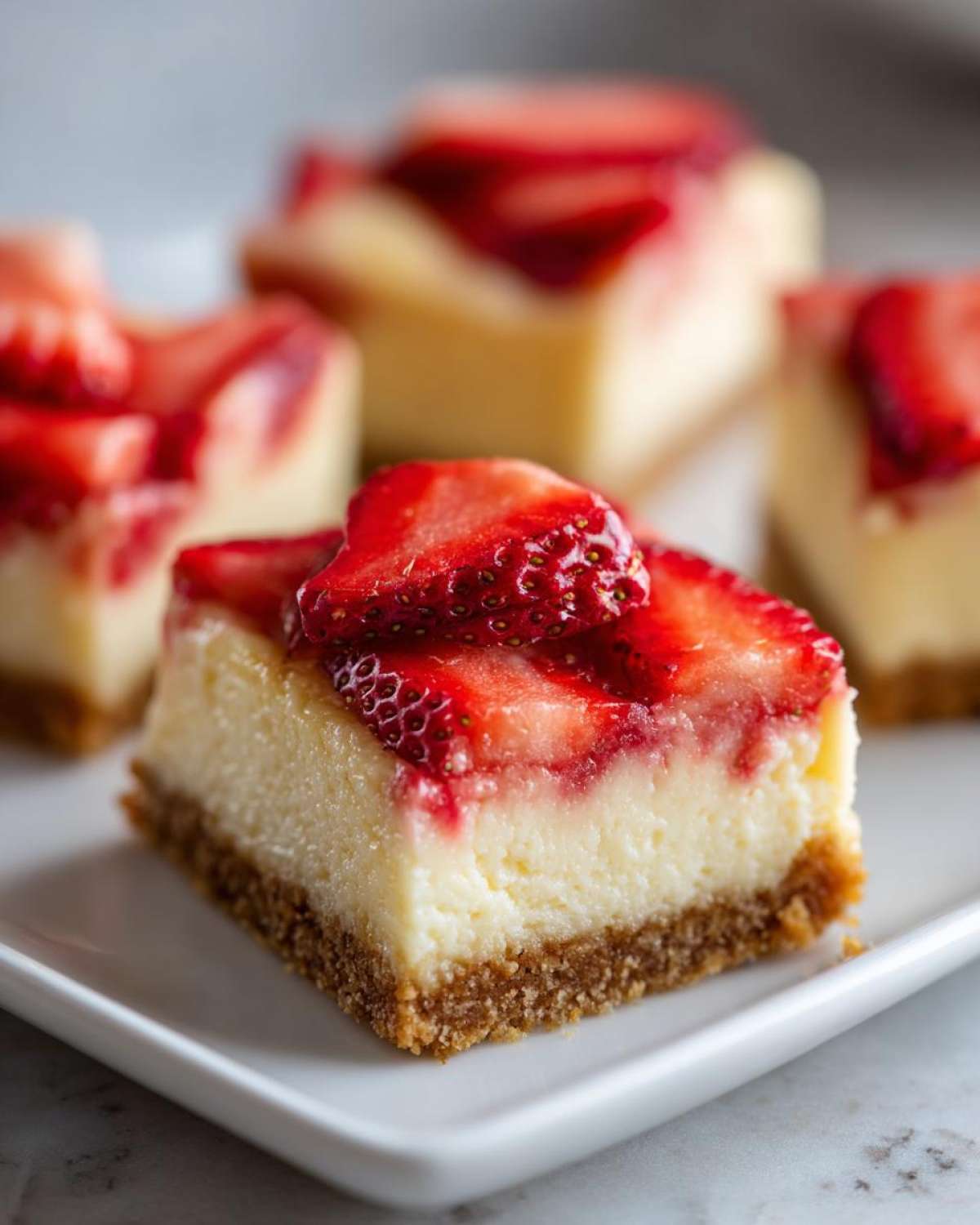 A single serving of No-Bake Strawberry Lemon Cheesecake Bars with a graham cracker crust and fresh strawberry topping.