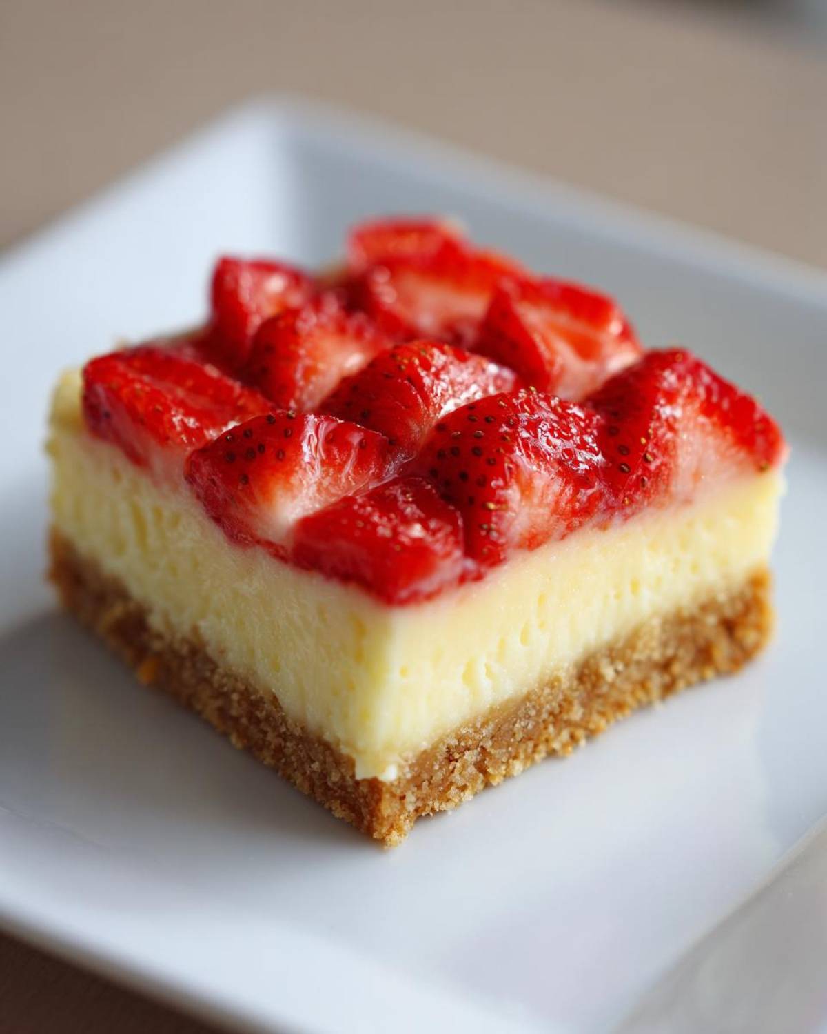 Close-up of a single serving of No-Bake Strawberry Lemon Cheesecake Bars on a white plate.