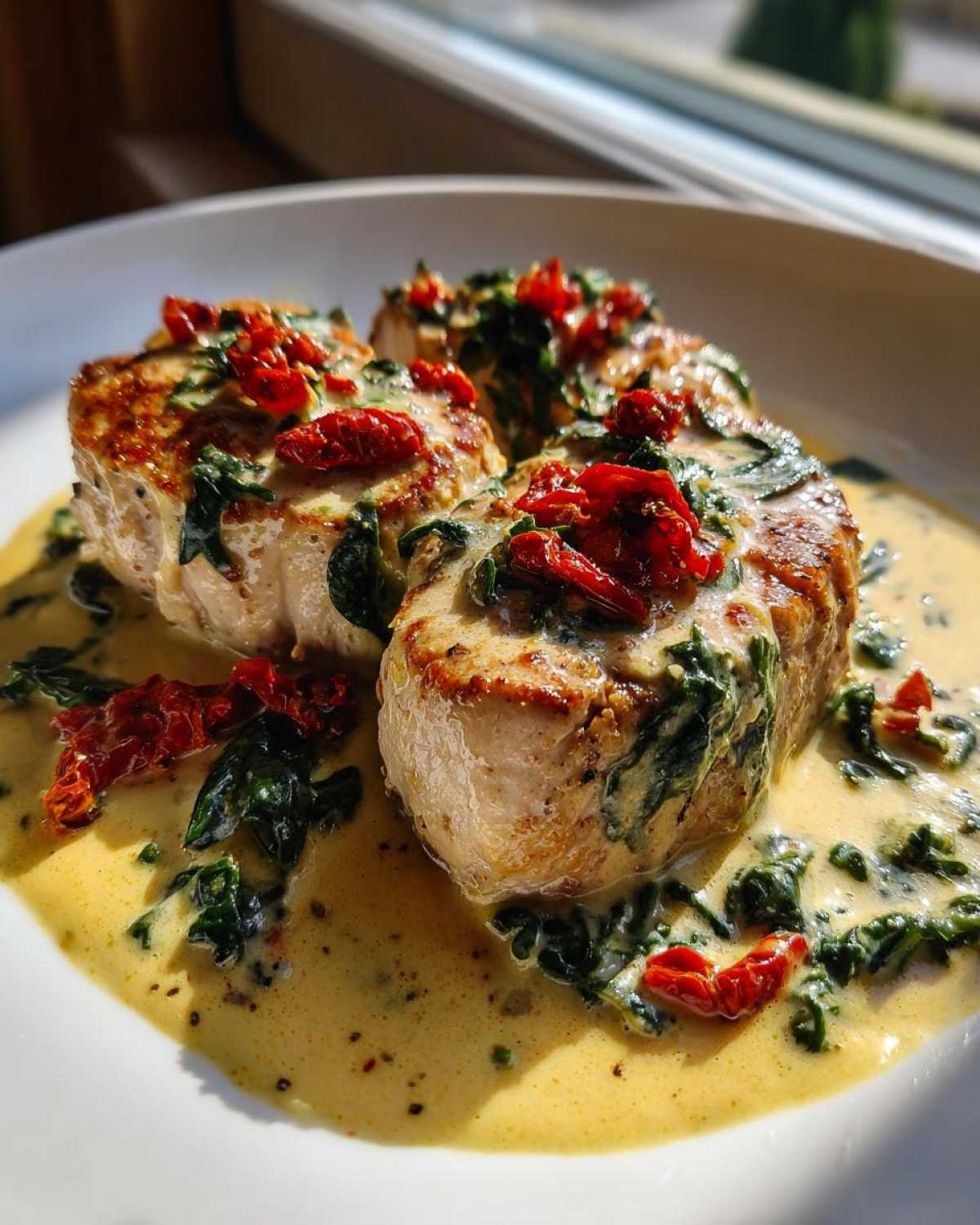 Three seared One-Pan Creamy Garlic Butter Pork Tenderloin Medallions covered in a rich sauce with spinach and sun-dried tomatoes.