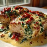Two seared pork tenderloin medallions smothered in a creamy garlic butter sauce with spinach and sun-dried tomatoes.