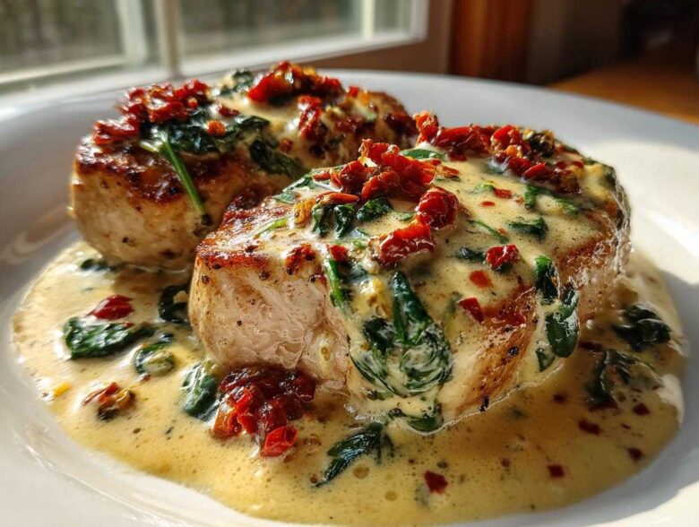 Two seared pork tenderloin medallions smothered in a creamy garlic butter sauce with spinach and sun-dried tomatoes.