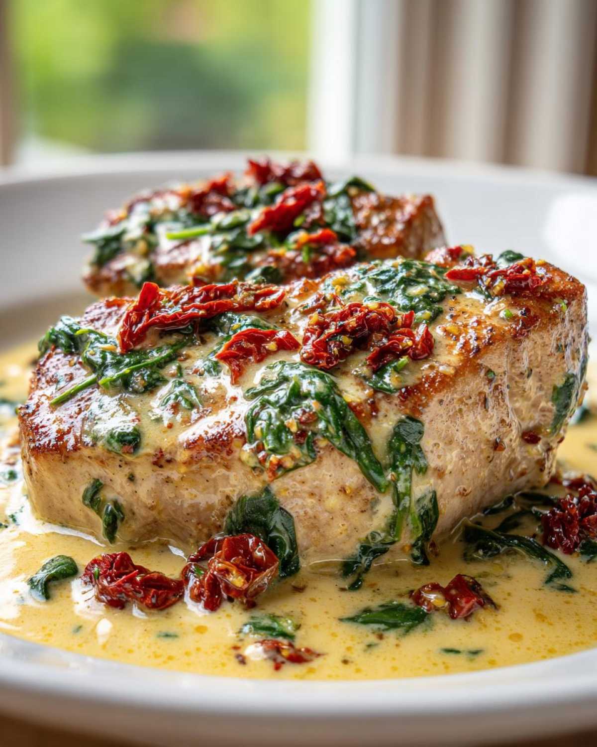 Two seared pork tenderloin medallions smothered in creamy garlic butter sauce with spinach and sun-dried tomatoes.