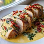 Slices of seared pork tenderloin topped with creamy garlic butter sauce, spinach, and sun-dried tomatoes, part of the One-Pan Creamy Garlic Butter Pork Tenderloin Medallions.