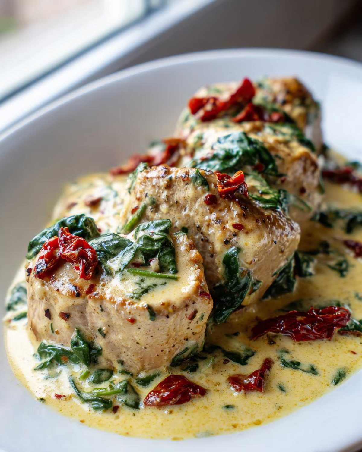 Close-up of One-Pan Creamy Garlic Butter Pork Tenderloin Medallions topped with spinach and sun-dried tomatoes in a rich sauce.