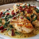 Close-up of seared turkey cutlets smothered in creamy garlic butter sauce with spinach and sun-dried tomatoes.