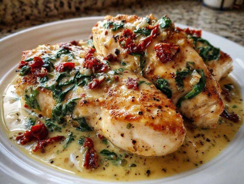 Close-up of seared turkey cutlets smothered in creamy garlic butter sauce with spinach and sun-dried tomatoes.
