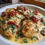 Close-up of One-Pan Creamy Garlic Butter Turkey Cutlets topped with spinach and sun-dried tomatoes in a rich sauce.